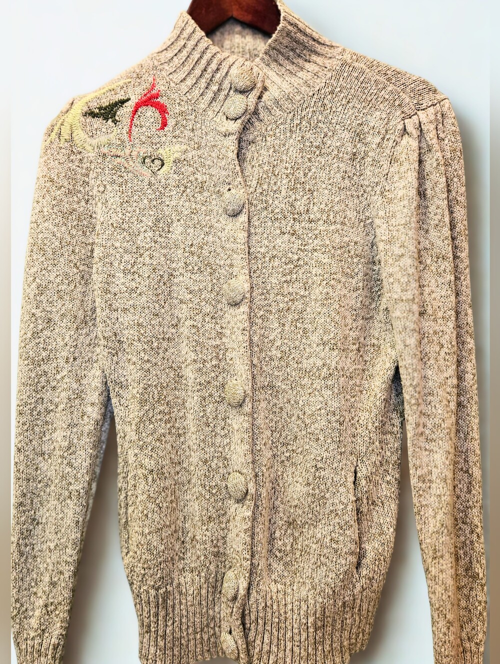 Oakley Light Gray Knit Button-Front Teddy Jacket with Shoulder Embroidery